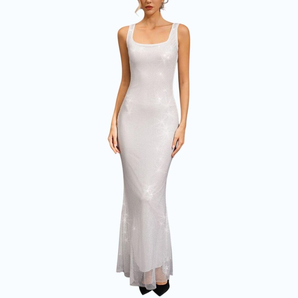 Chicwish NWOT Square Neck Beaded Fishnet Overlay Mermaid Gown White Silver M